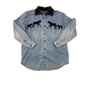 Vintage Angelique Medium 100% cotton denim blue jean button front shirt top